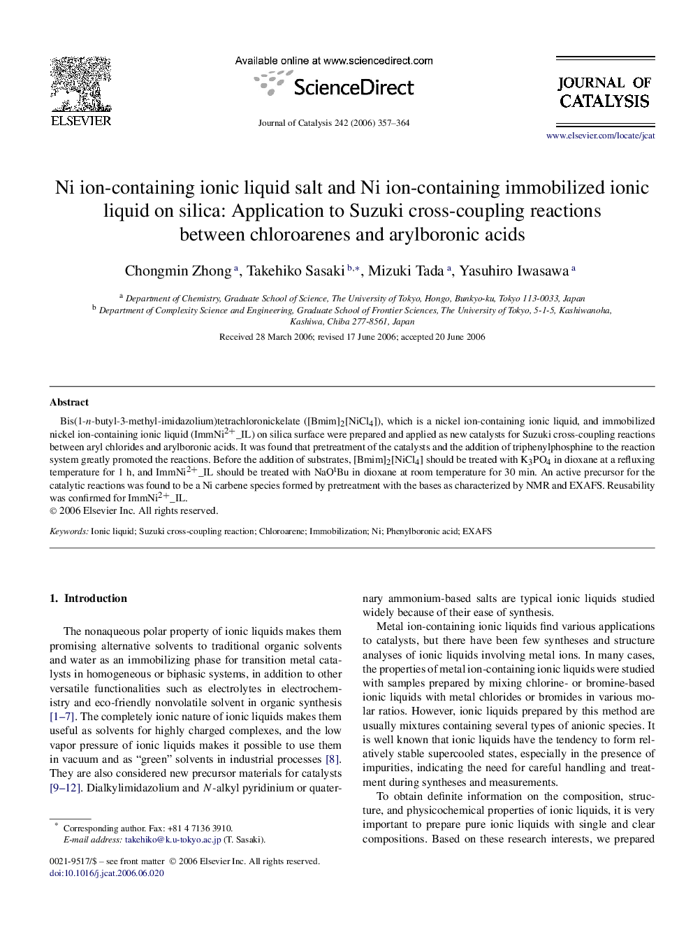 Ni ion-containing ionic liquid salt and Ni ion-containing immobilized ionic liquid on silica: Application to Suzuki cross-coupling reactions between chloroarenes and arylboronic acids