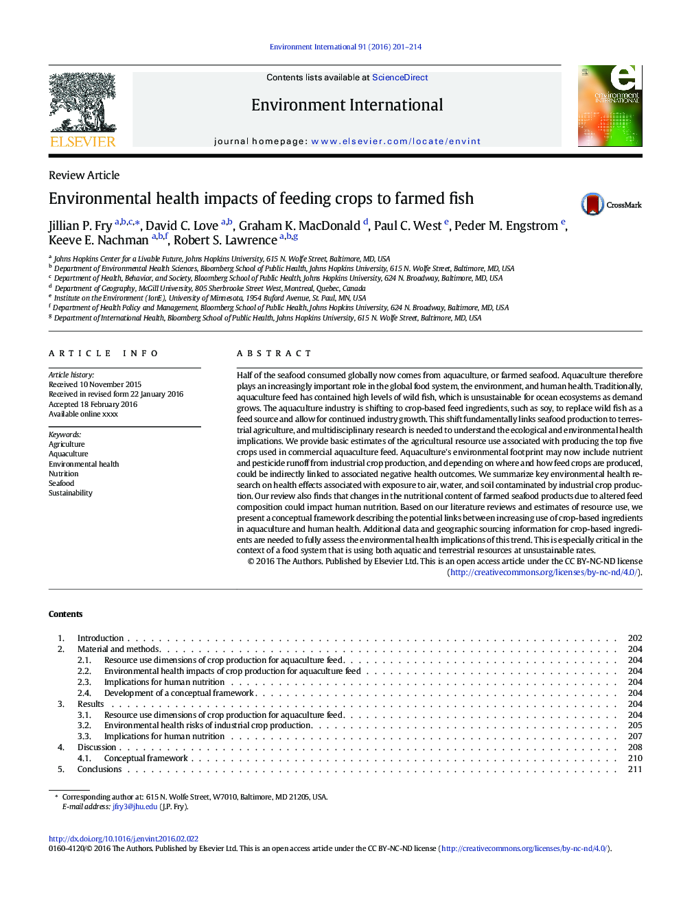 Environmental health impacts of feeding crops to farmed fish