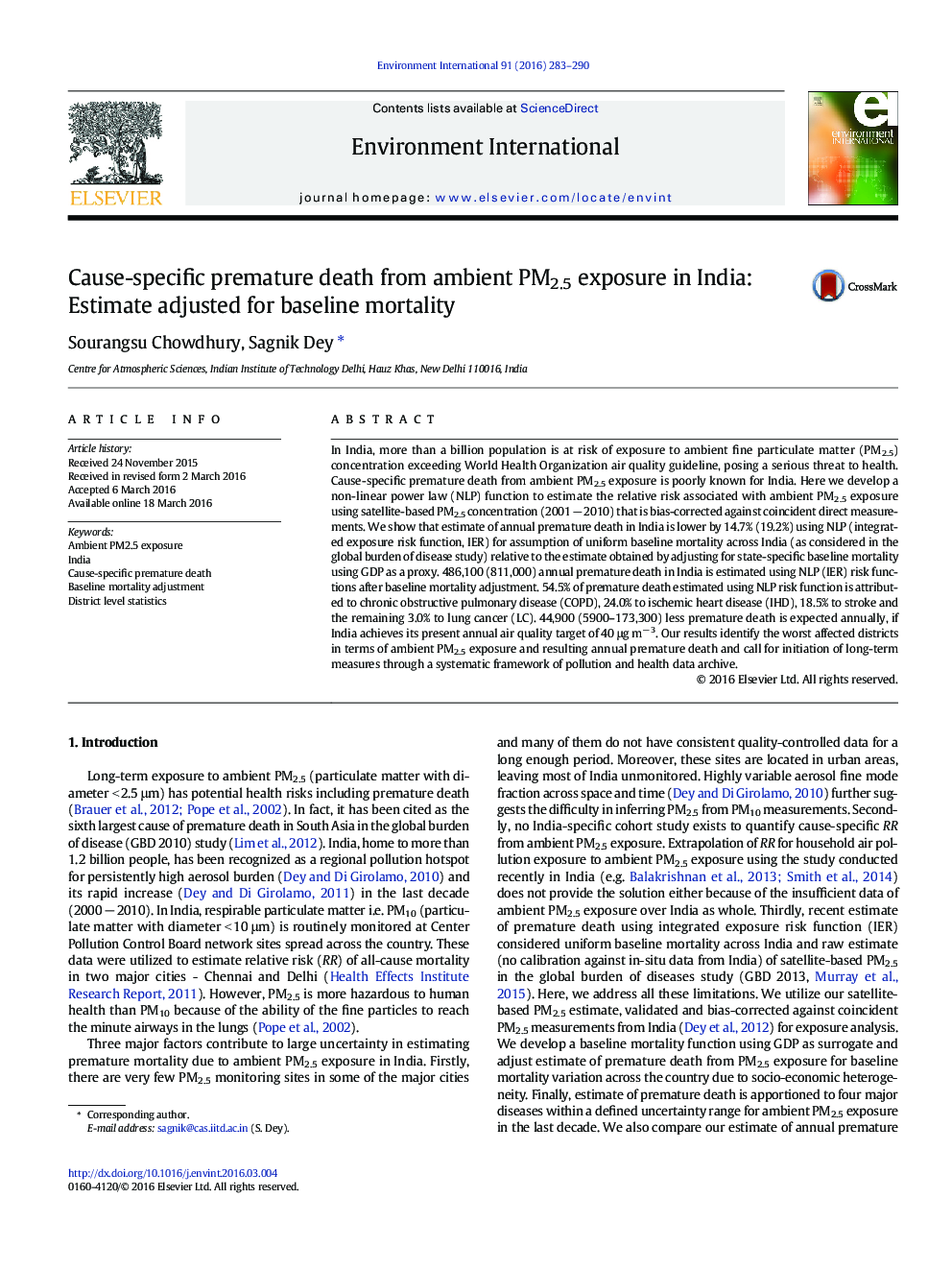 عکس صفحه اول مقاله: Cause-specific premature death from ambient PM2.5 exposure in India: Estimate adjusted for baseline mortality Cause-specific premature death from ambient PM2.5 exposure in India: Estimate adjusted for baseline mortality