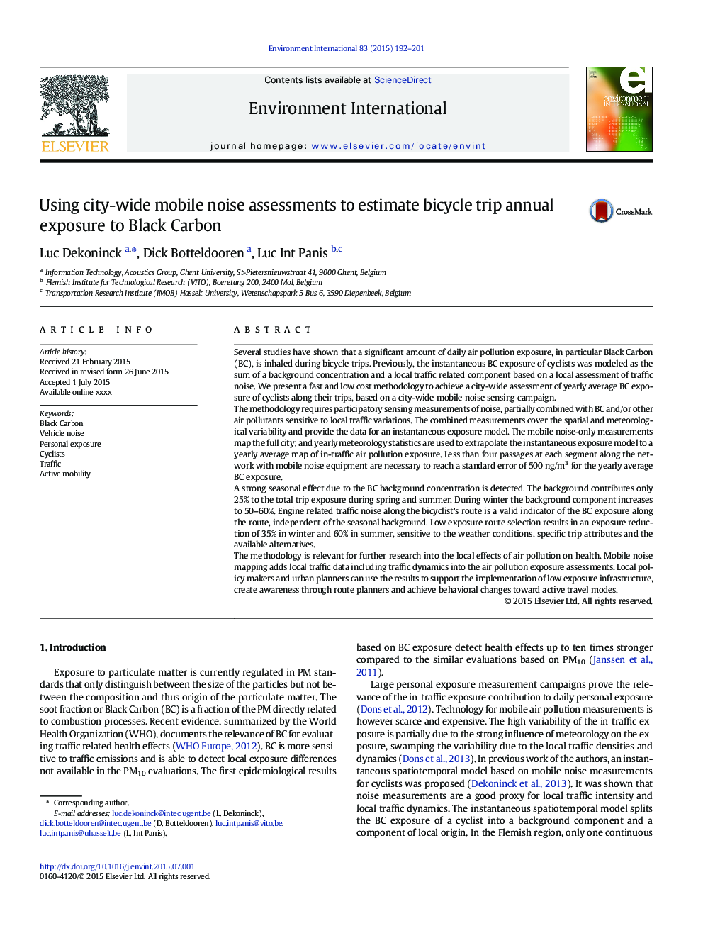 Using city-wide mobile noise assessments to estimate bicycle trip annual exposure to Black Carbon