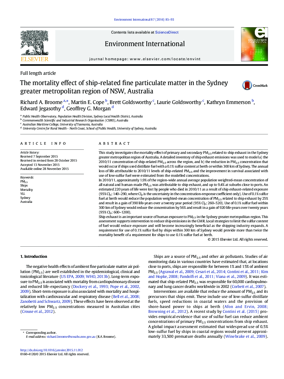 Full length articleThe mortality effect of ship-related fine particulate matter in the Sydney greater metropolitan region of NSW, Australia