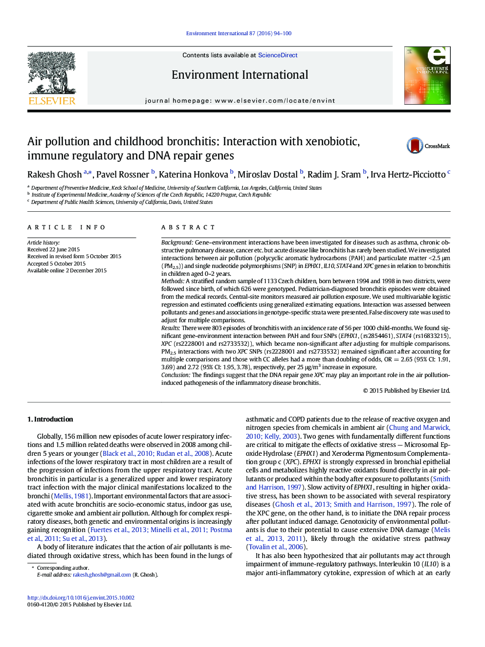 Air pollution and childhood bronchitis: Interaction with xenobiotic, immune regulatory and DNA repair genes