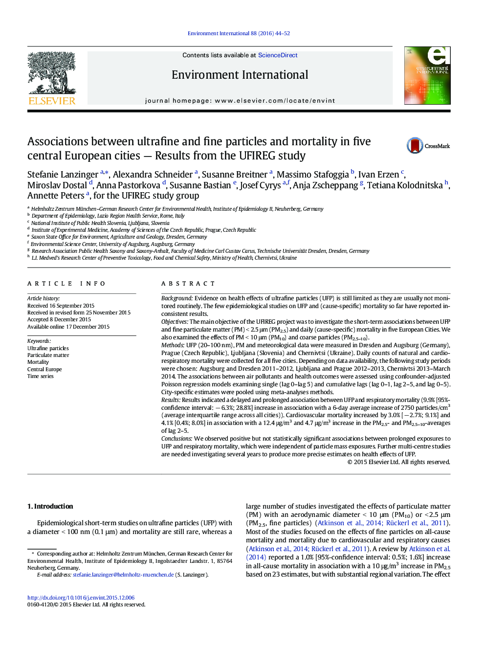 عکس صفحه اول مقاله: Associations between ultrafine and fine particles and mortality in five central European cities - Results from the UFIREG study Associations between ultrafine and fine particles and mortality in five central European cities - Results from the UFIREG study