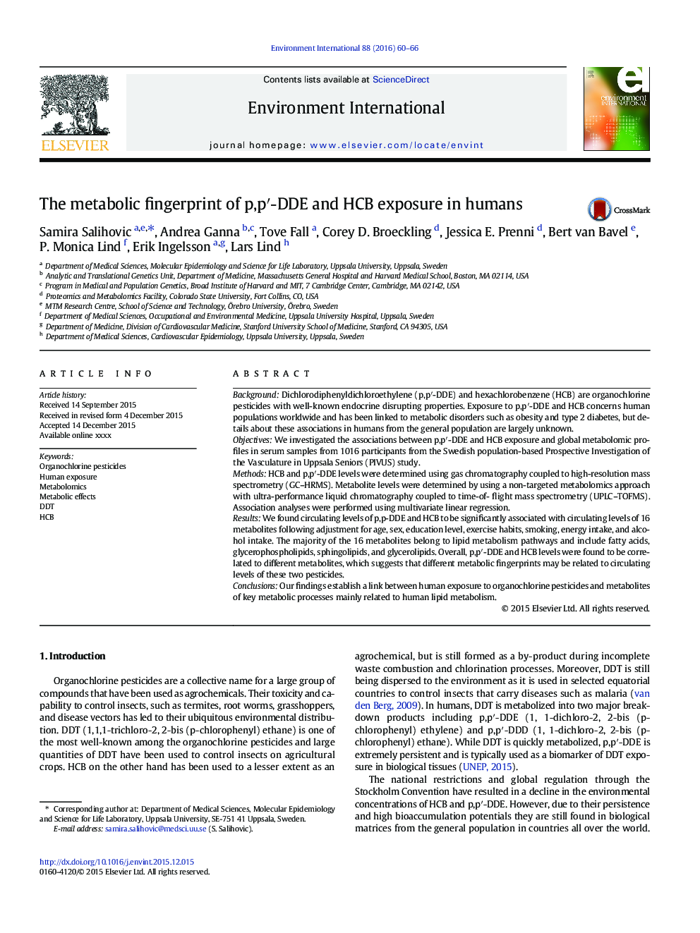 The metabolic fingerprint of p,pâ²-DDE and HCB exposure in humans