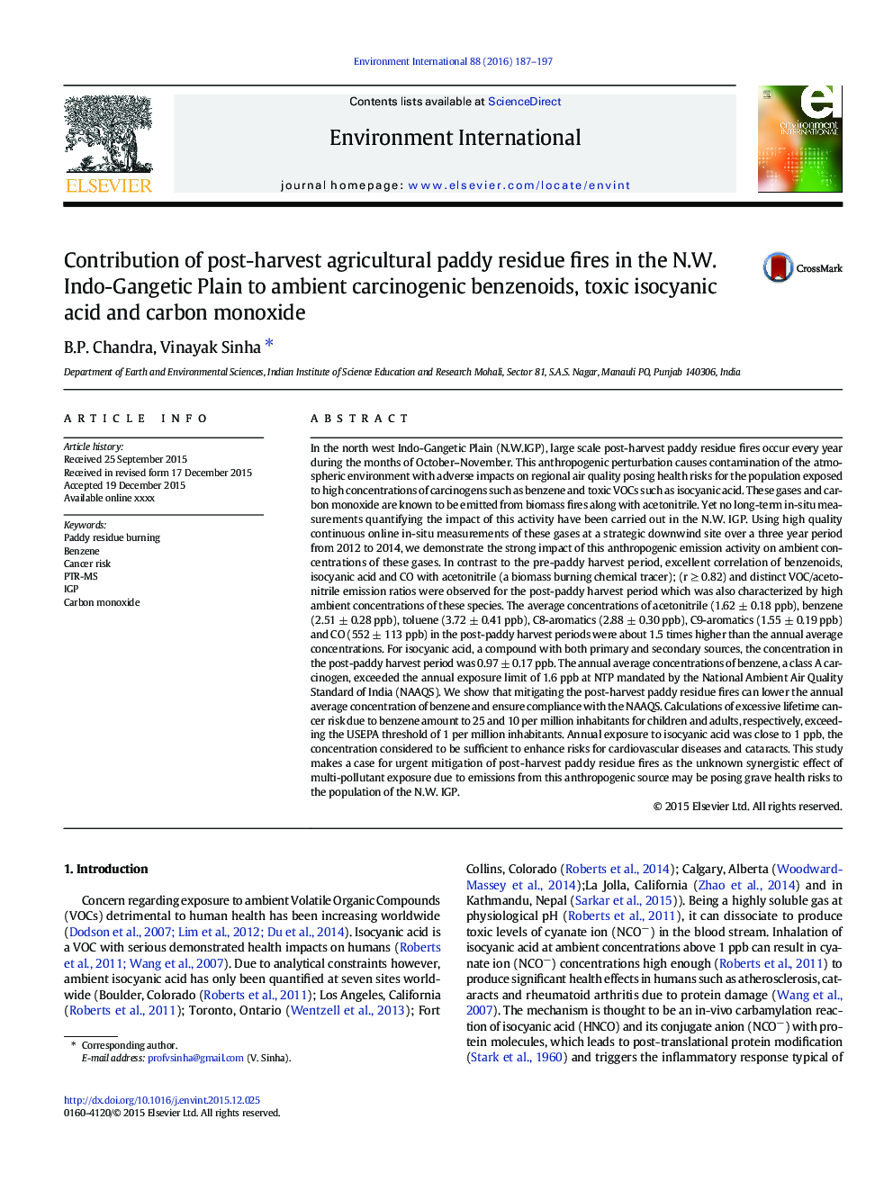 Contribution of post-harvest agricultural paddy residue fires in the N.W. Indo-Gangetic Plain to ambient carcinogenic benzenoids, toxic isocyanic acid and carbon monoxide