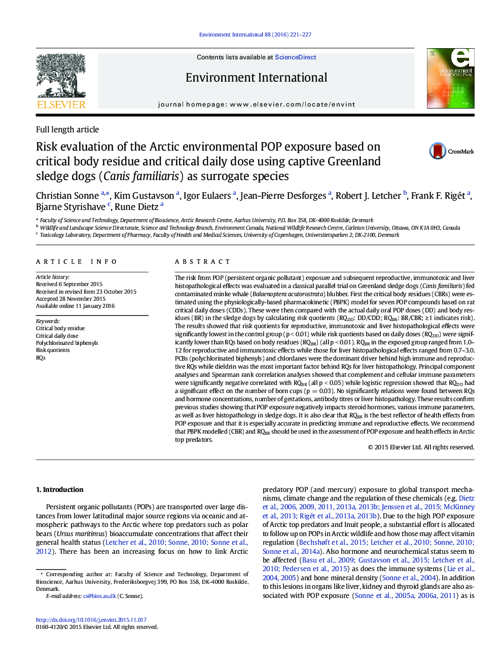 Risk evaluation of the Arctic environmental POP exposure based on critical body residue and critical daily dose using captive Greenland sledge dogs (Canis familiaris) as surrogate species