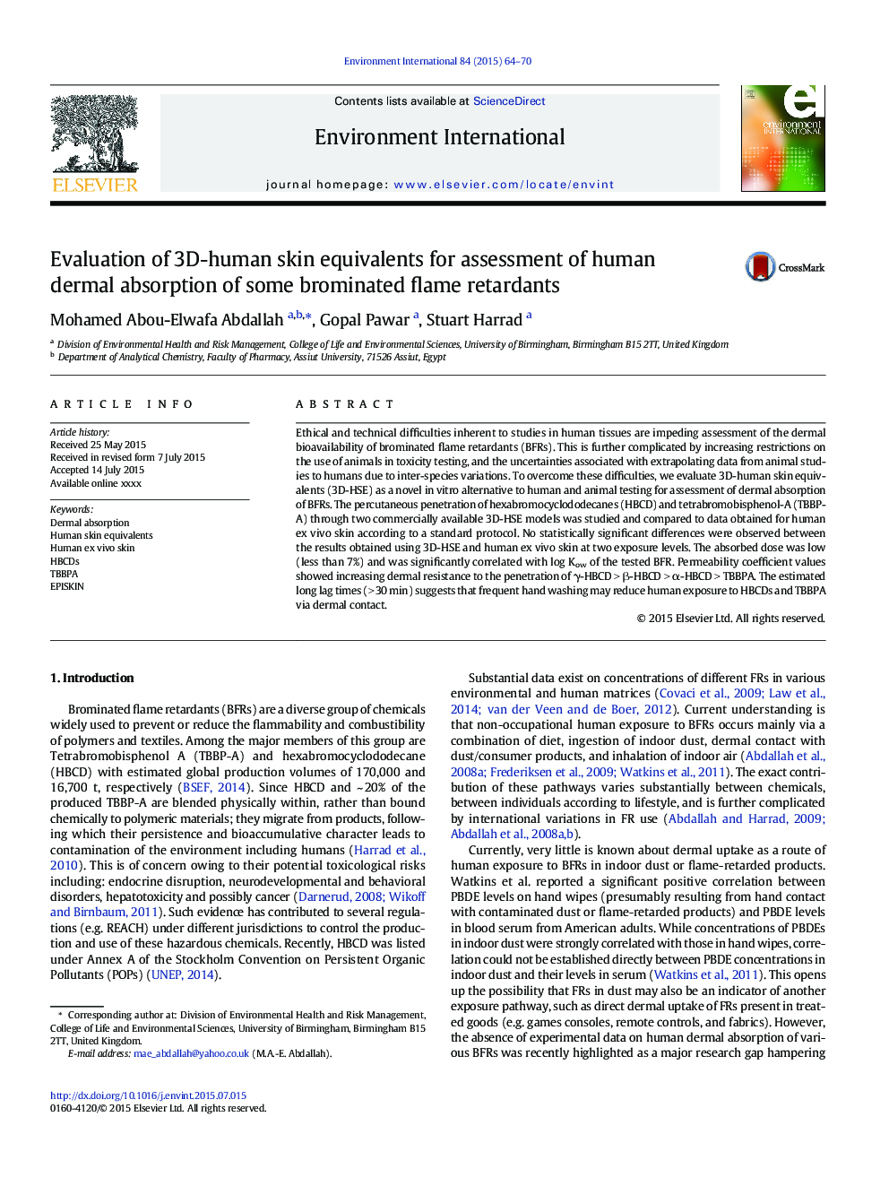 Evaluation of 3D-human skin equivalents for assessment of human dermal absorption of some brominated flame retardants