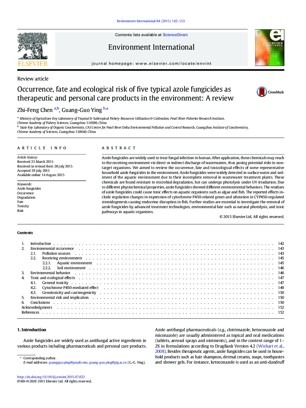 Occurrence, fate and ecological risk of five typical azole fungicides as therapeutic and personal care products in the environment: A review