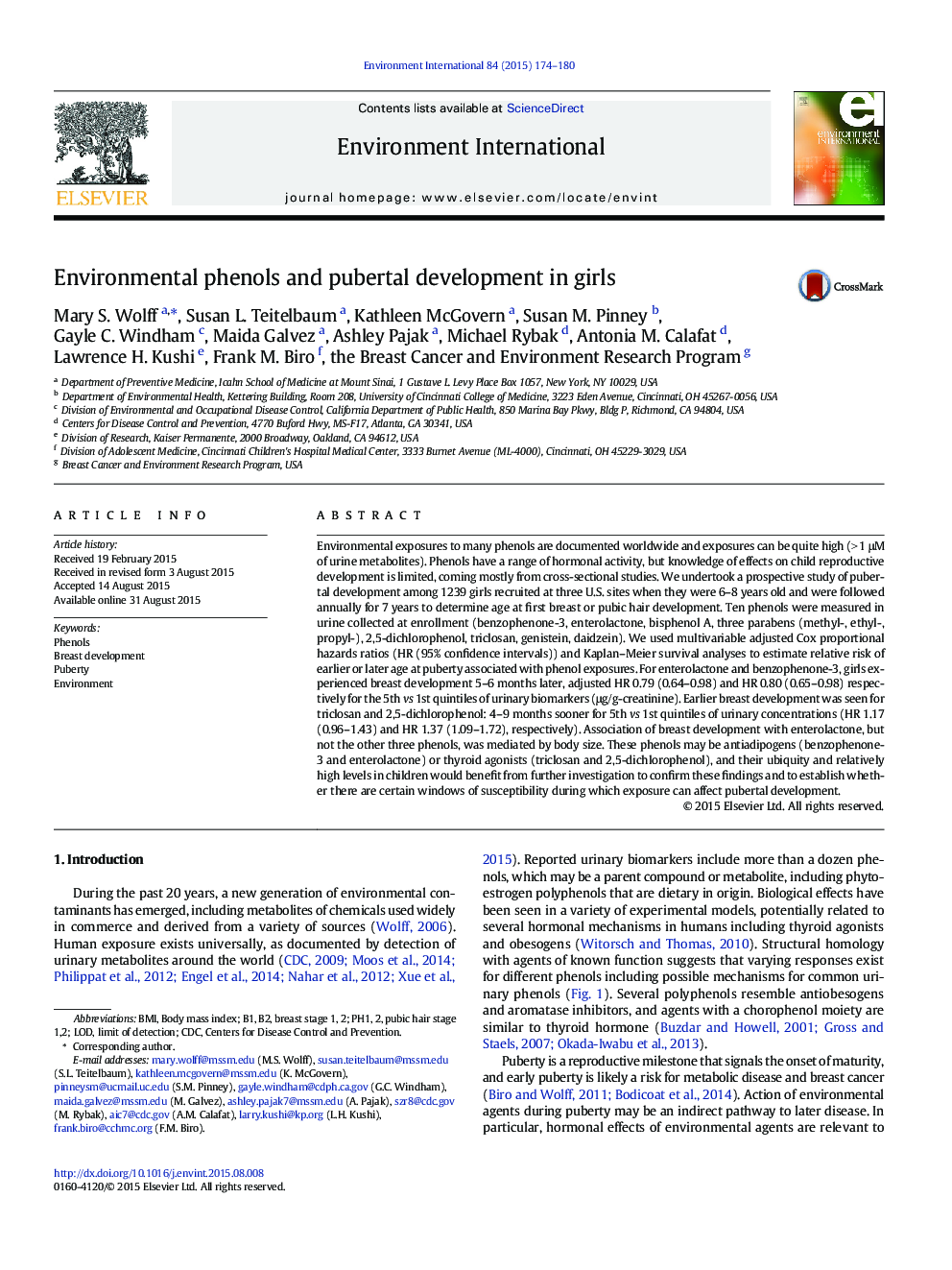 Environmental phenols and pubertal development in girls