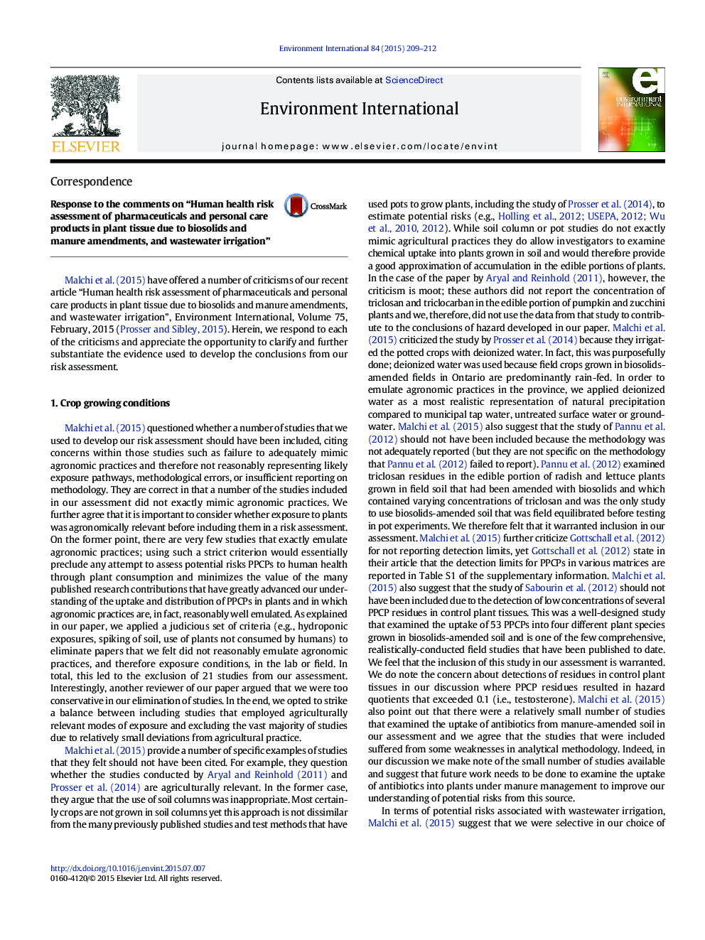 Response to the comments on “Human health risk assessment of pharmaceuticals and personal care products in plant tissue due to biosolids and manure amendments, and wastewater irrigation”