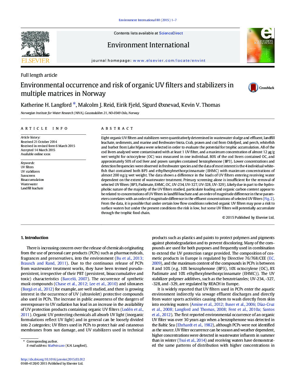 Environmental occurrence and risk of organic UV filters and stabilizers in multiple matrices in Norway