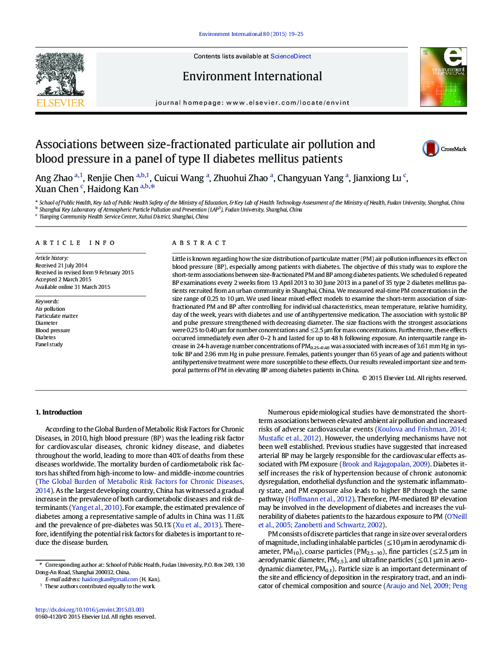 Associations between size-fractionated particulate air pollution and blood pressure in a panel of type II diabetes mellitus patients