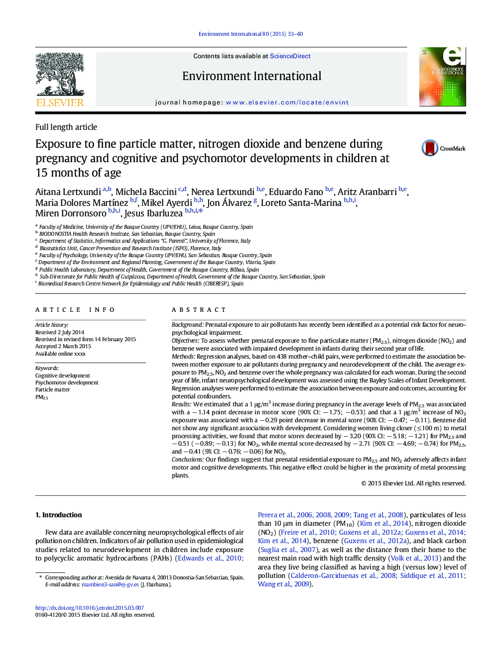 Exposure to fine particle matter, nitrogen dioxide and benzene during pregnancy and cognitive and psychomotor developments in children at 15Â months of age