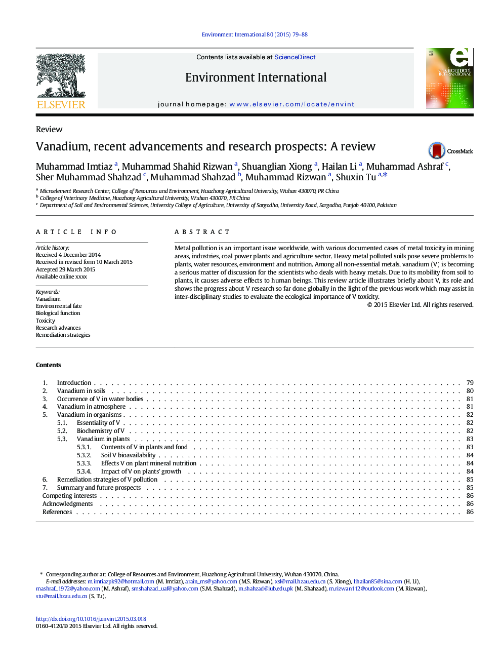 Vanadium, recent advancements and research prospects: A review