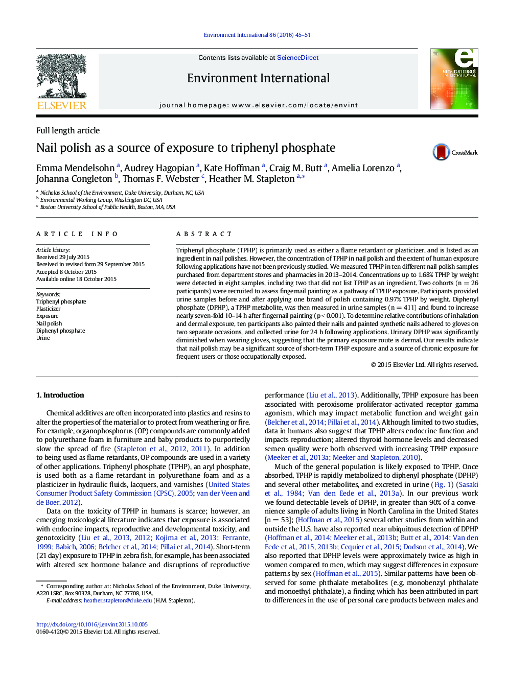 Full length articleNail polish as a source of exposure to triphenyl phosphate