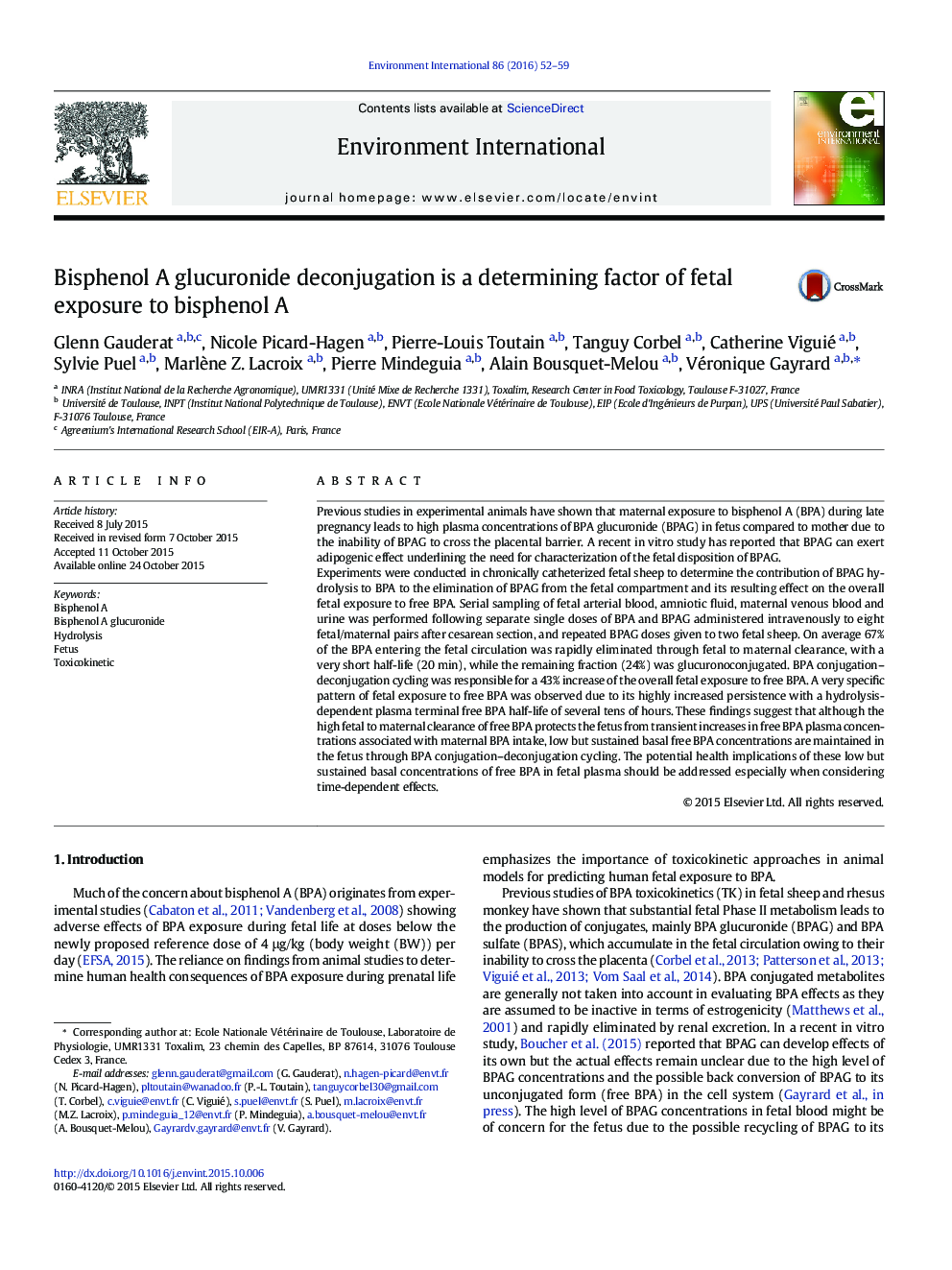 Bisphenol A glucuronide deconjugation is a determining factor of fetal exposure to bisphenol A