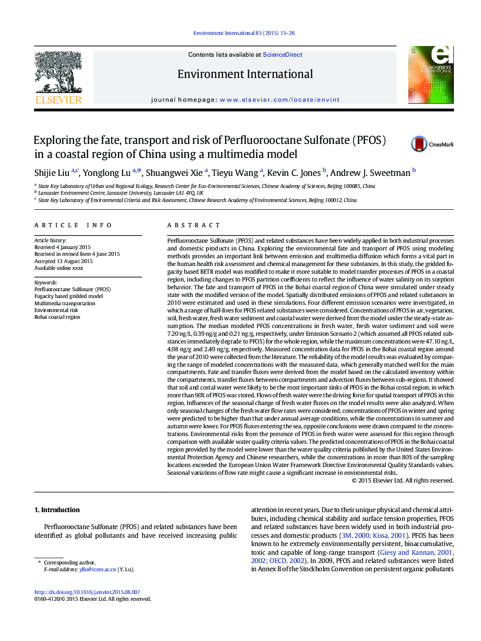 Exploring the fate, transport and risk of Perfluorooctane Sulfonate (PFOS) in a coastal region of China using a multimedia model