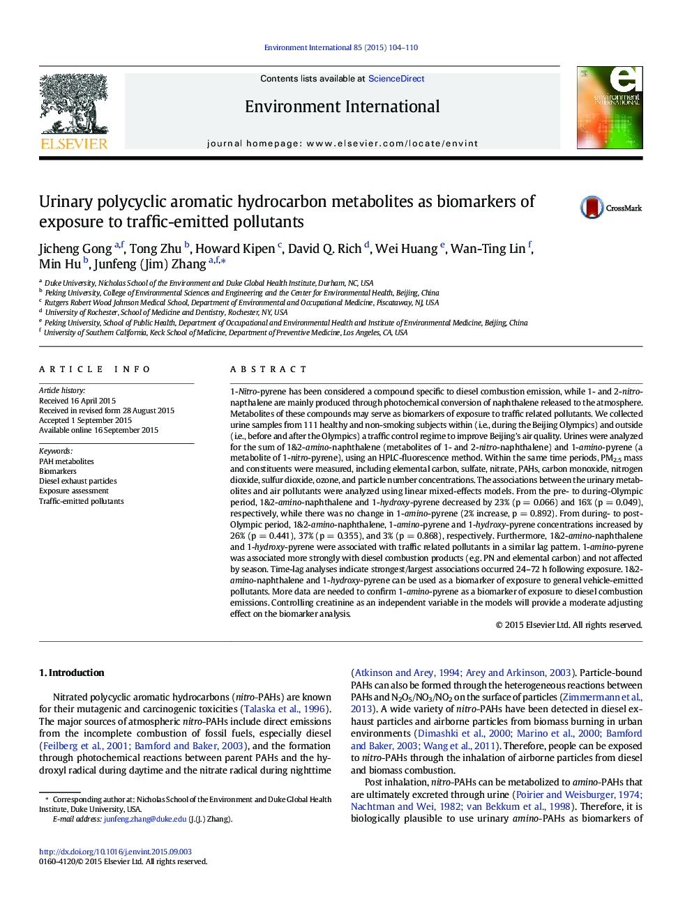 Urinary polycyclic aromatic hydrocarbon metabolites as biomarkers of exposure to traffic-emitted pollutants