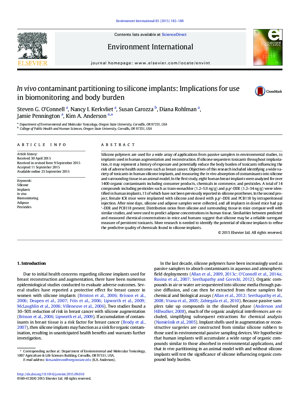 In vivo contaminant partitioning to silicone implants: Implications for use in biomonitoring and body burden