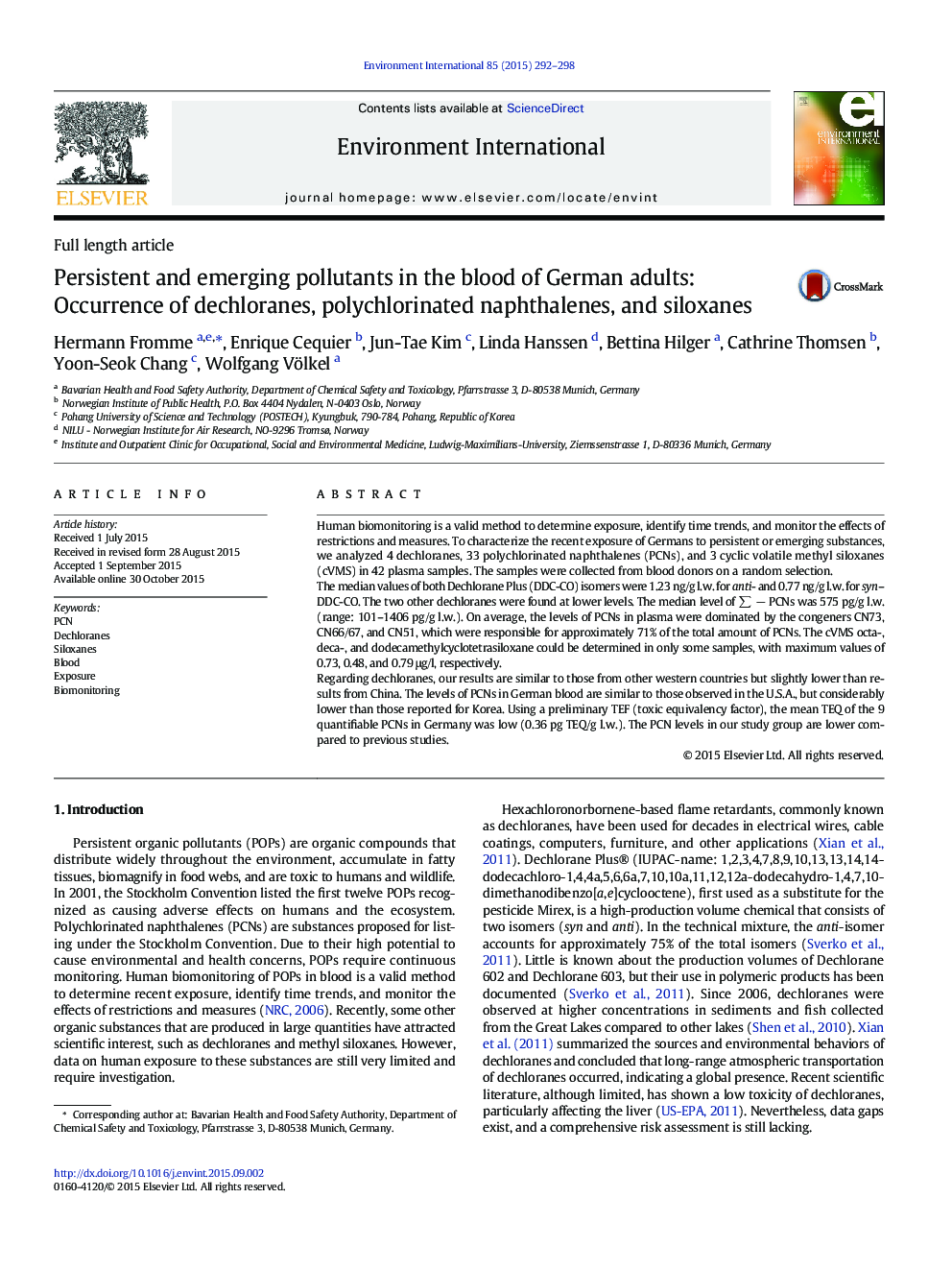 Full length articlePersistent and emerging pollutants in the blood of German adults: Occurrence of dechloranes, polychlorinated naphthalenes, and siloxanes