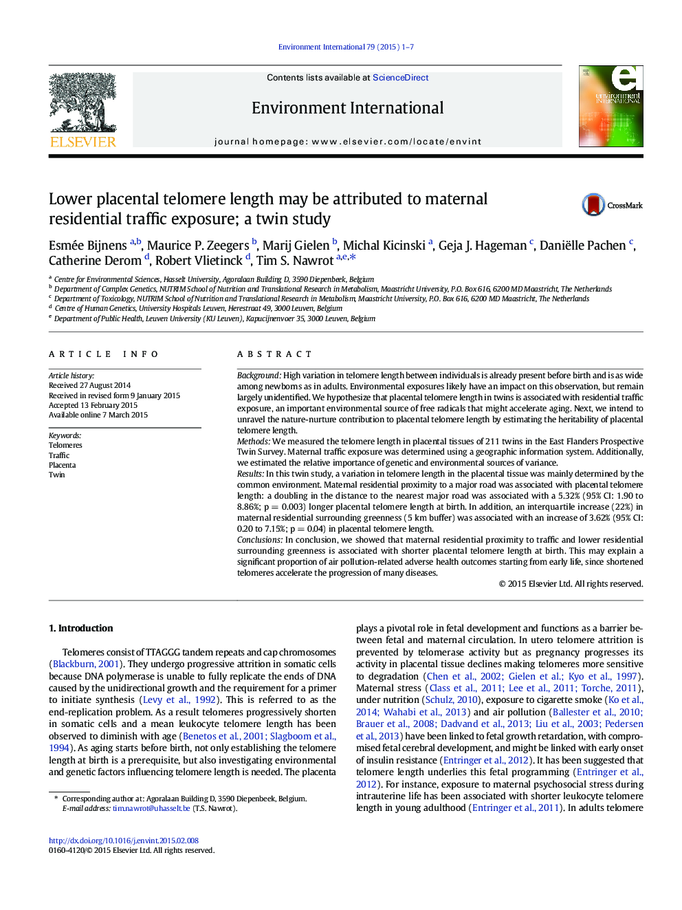 Lower placental telomere length may be attributed to maternal residential traffic exposure; a twin study