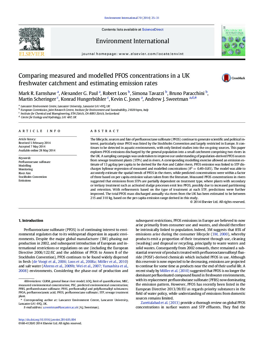 Comparing measured and modelled PFOS concentrations in a UK freshwater catchment and estimating emission rates