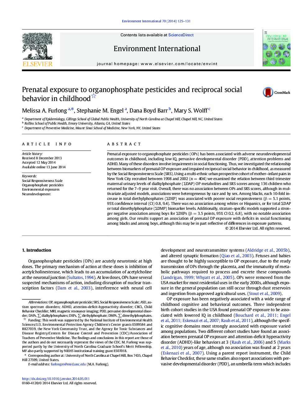 Prenatal exposure to organophosphate pesticides and reciprocal social behavior in childhood