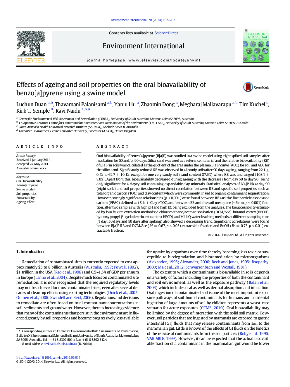 Effects of ageing and soil properties on the oral bioavailability of benzo[a]pyrene using a swine model