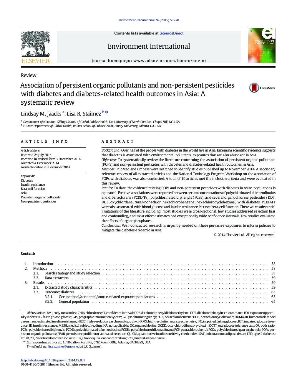 بررسی ترکیب آلودگی های پایدار و آفت کش های غیر پایدار با دیابت و نتایج سلامت مربوط به دیابت در آسیا: بررسی سیستماتیک 