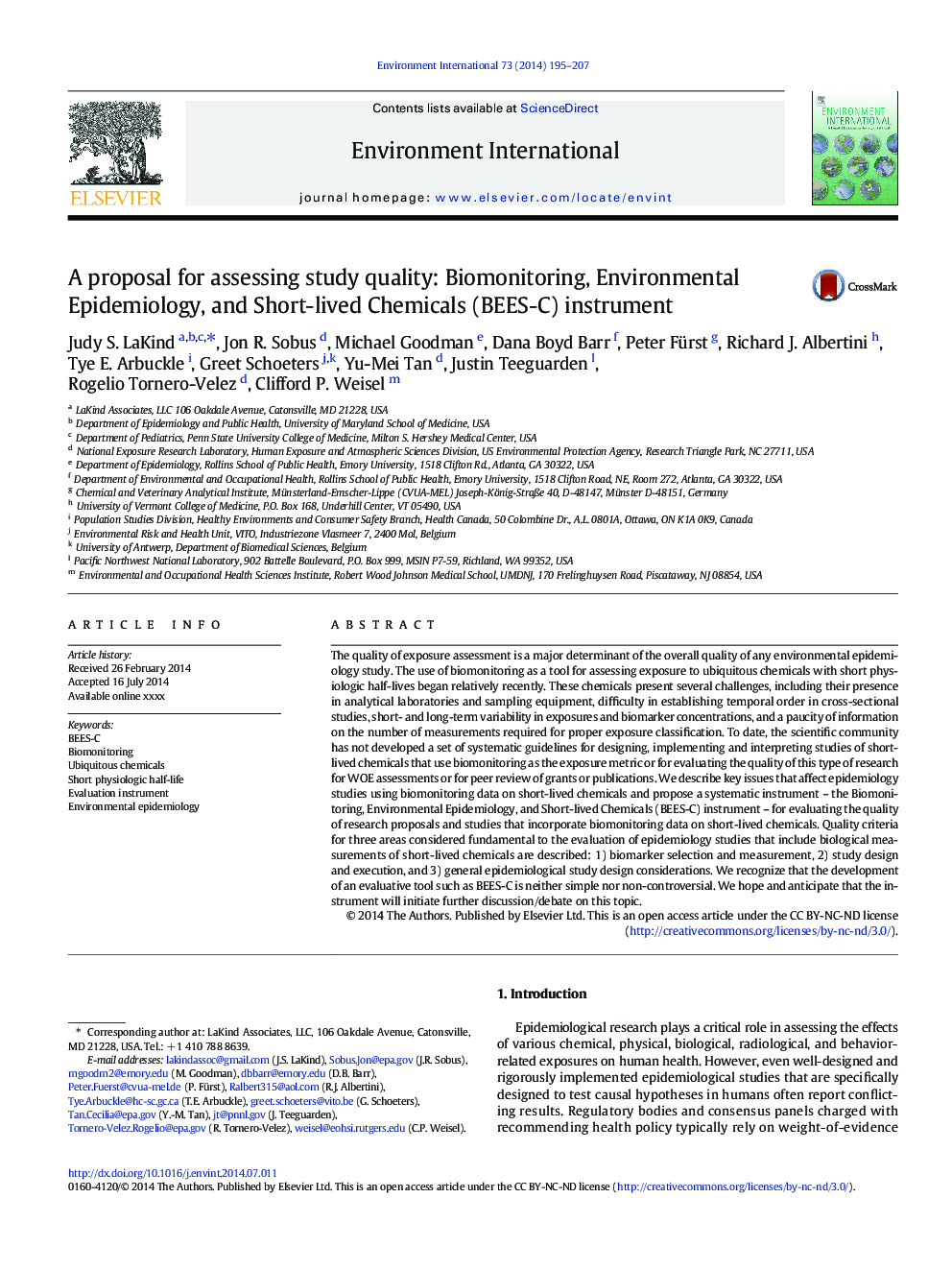 A proposal for assessing study quality: Biomonitoring, Environmental Epidemiology, and Short-lived Chemicals (BEES-C) instrument