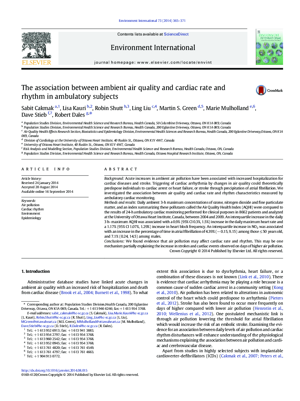 The association between ambient air quality and cardiac rate and rhythm in ambulatory subjects