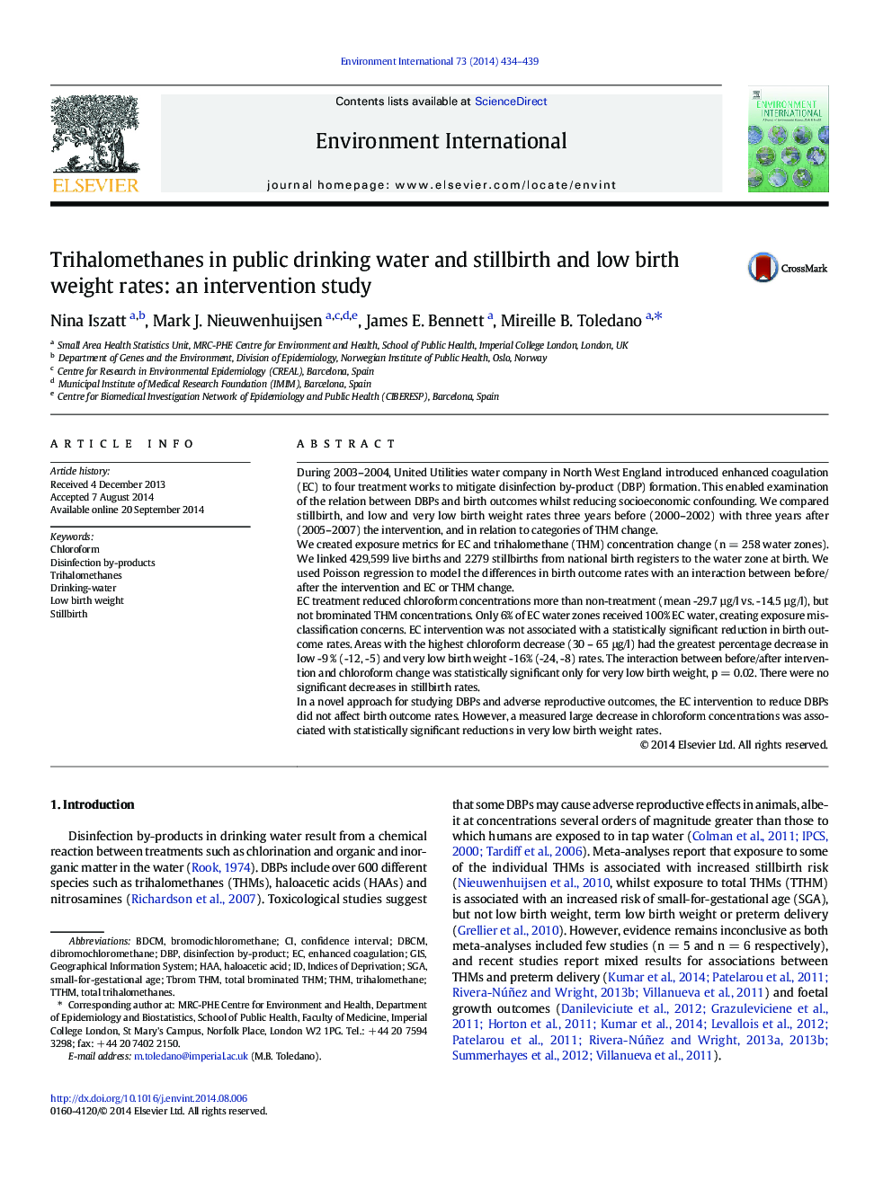 Trihalomethanes in public drinking water and stillbirth and low birth weight rates: an intervention study