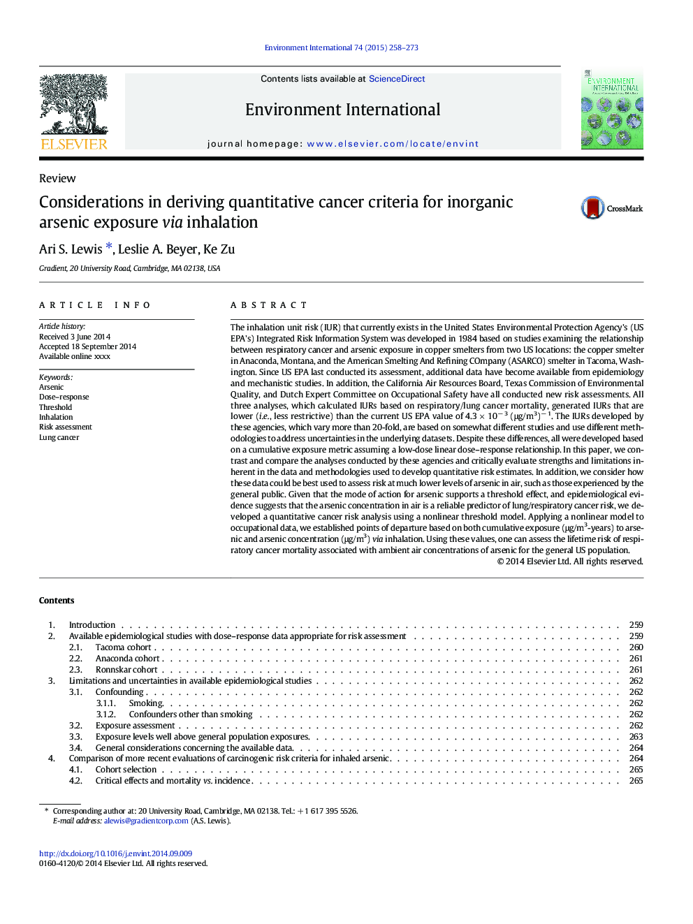 Considerations in deriving quantitative cancer criteria for inorganic arsenic exposure via inhalation