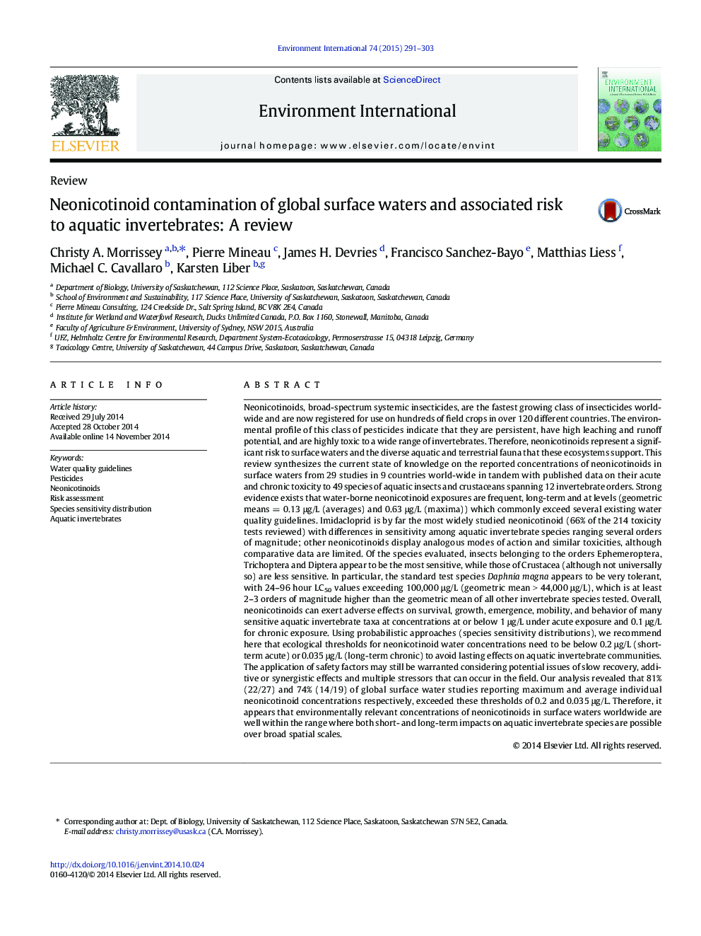 Neonicotinoid contamination of global surface waters and associated risk to aquatic invertebrates: A review