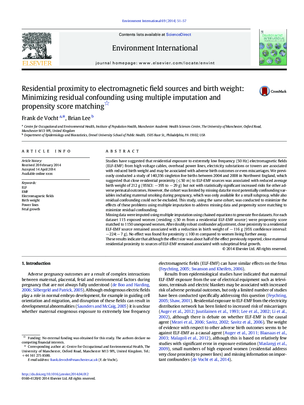 Residential proximity to electromagnetic field sources and birth weight: Minimizing residual confounding using multiple imputation and propensity score matching