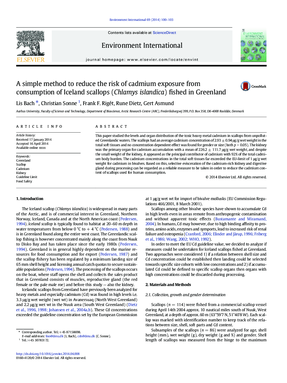 A simple method to reduce the risk of cadmium exposure from consumption of Iceland scallops (Chlamys islandica) fished in Greenland