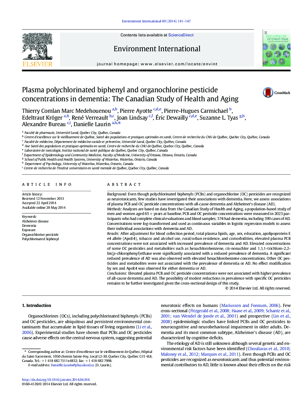 Plasma polychlorinated biphenyl and organochlorine pesticide concentrations in dementia: The Canadian Study of Health and Aging