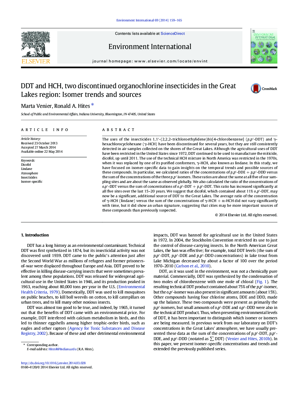 DDT and HCH, two discontinued organochlorine insecticides in the Great Lakes region: Isomer trends and sources