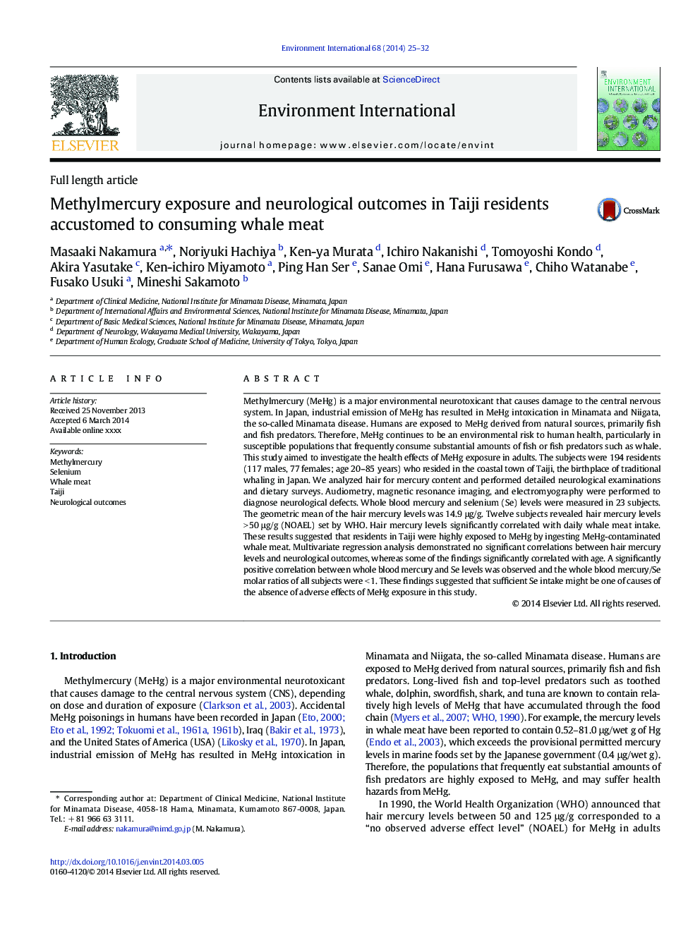 Methylmercury exposure and neurological outcomes in Taiji residents accustomed to consuming whale meat