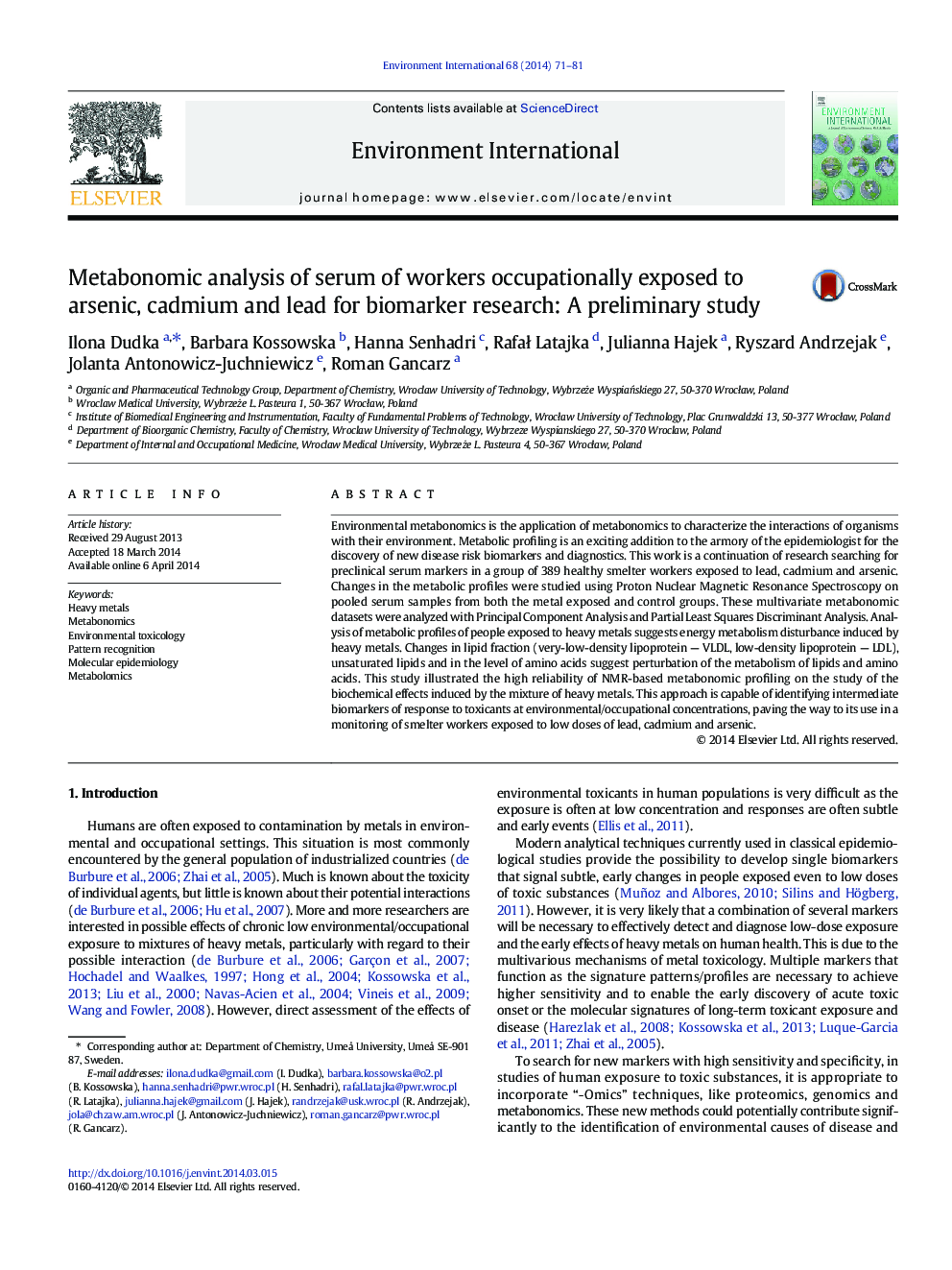 Metabonomic analysis of serum of workers occupationally exposed to arsenic, cadmium and lead for biomarker research: A preliminary study