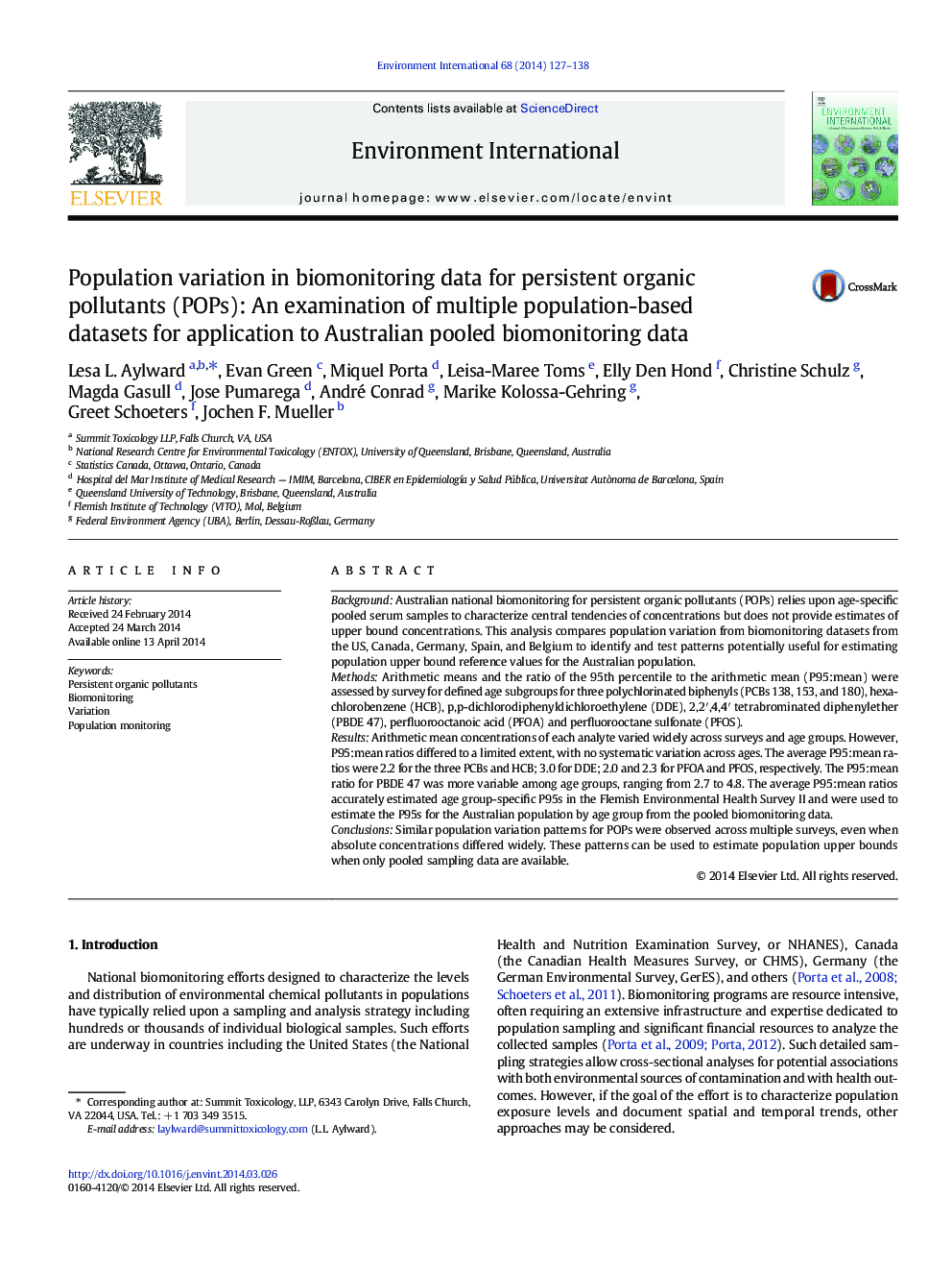 Population variation in biomonitoring data for persistent organic pollutants (POPs): An examination of multiple population-based datasets for application to Australian pooled biomonitoring data