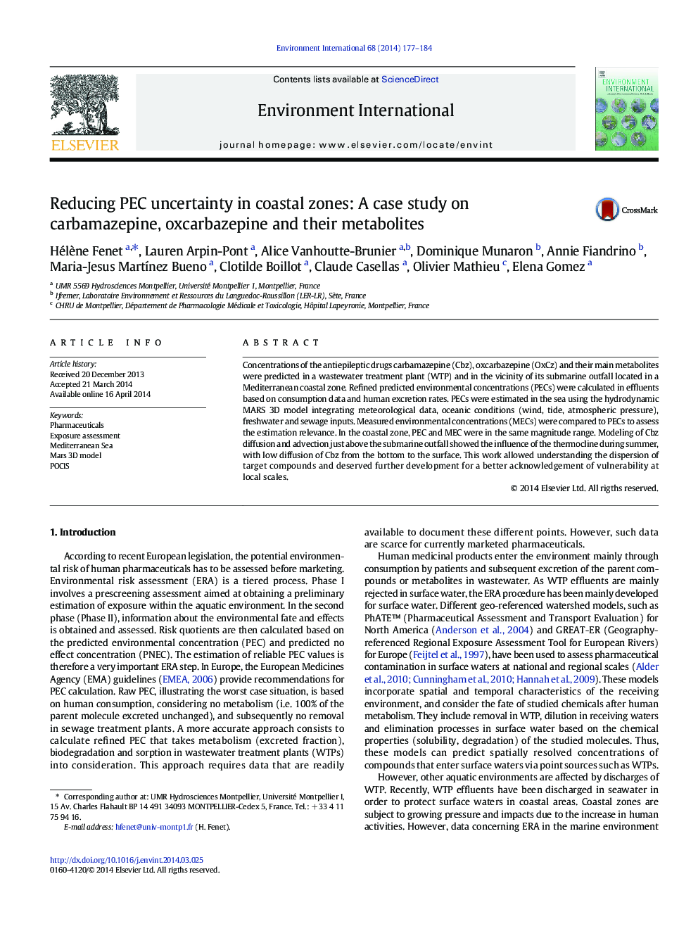 Reducing PEC uncertainty in coastal zones: A case study on carbamazepine, oxcarbazepine and their metabolites