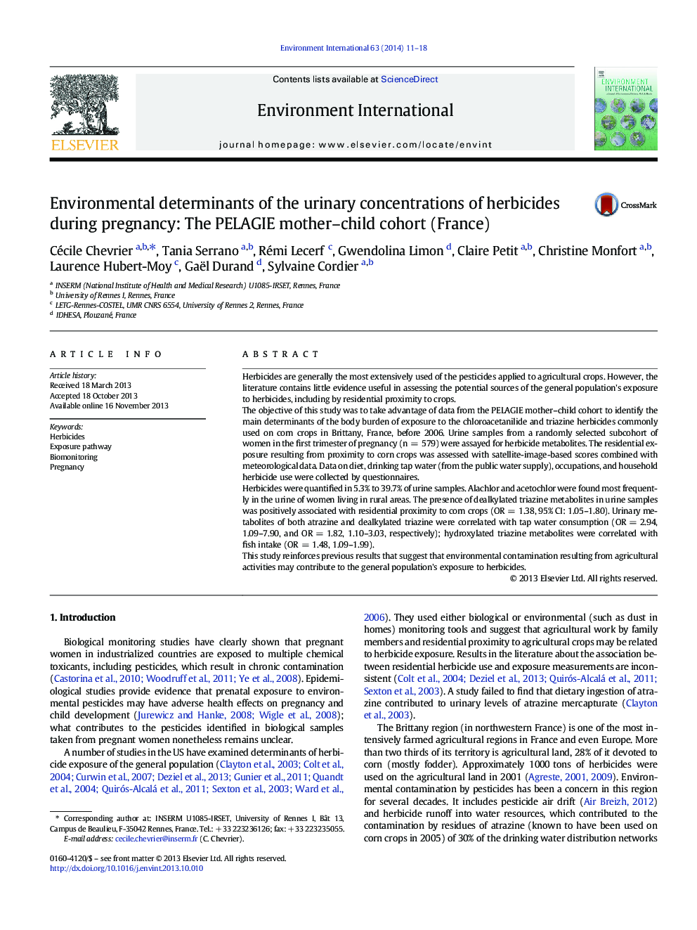 Environmental determinants of the urinary concentrations of herbicides during pregnancy: The PELAGIE mother-child cohort (France)