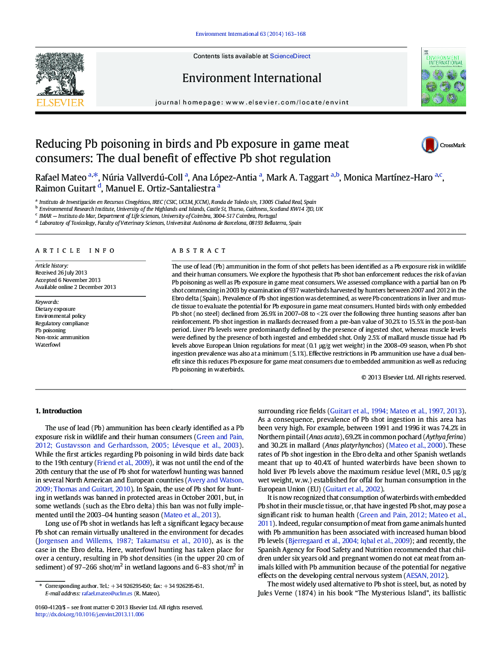 عکس صفحه اول مقاله: Reducing Pb poisoning in birds and Pb exposure in game meat consumers: The dual benefit of effective Pb shot regulation Reducing Pb poisoning in birds and Pb exposure in game meat consumers: The dual benefit of effective Pb shot regulation