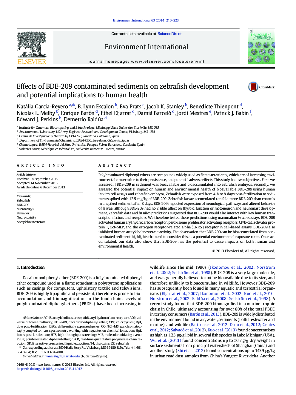 Effects of BDE-209 contaminated sediments on zebrafish development and potential implications to human health