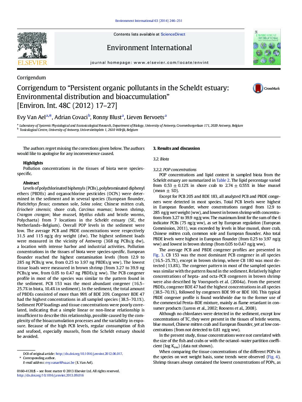 Corrigendum to “Persistent organic pollutants in the Scheldt estuary: Environmental distribution and bioaccumulation” [Environ. Int. 48C (2012) 17-27]