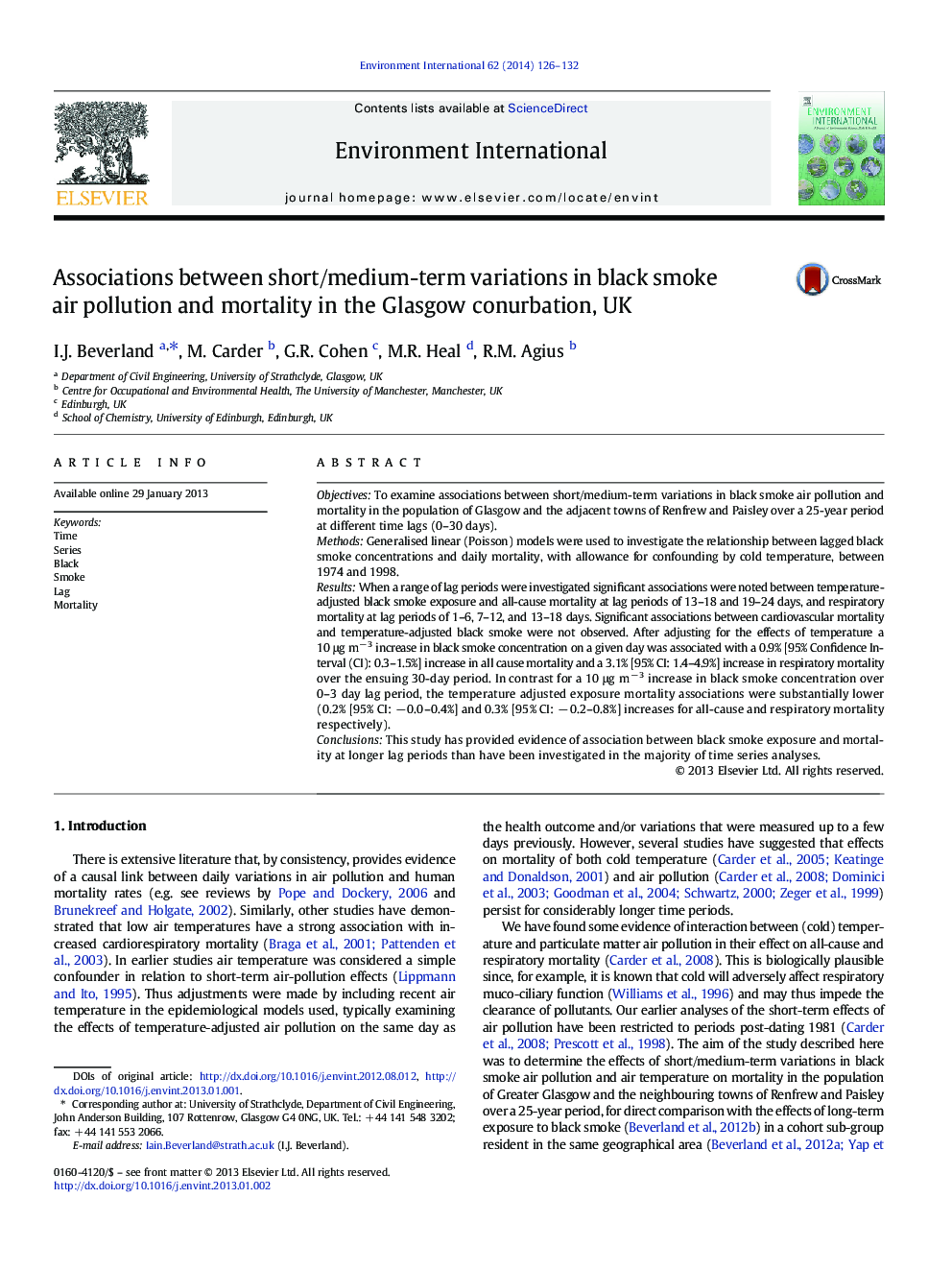 Associations between short/medium-term variations in black smoke air pollution and mortality in the Glasgow conurbation, UK