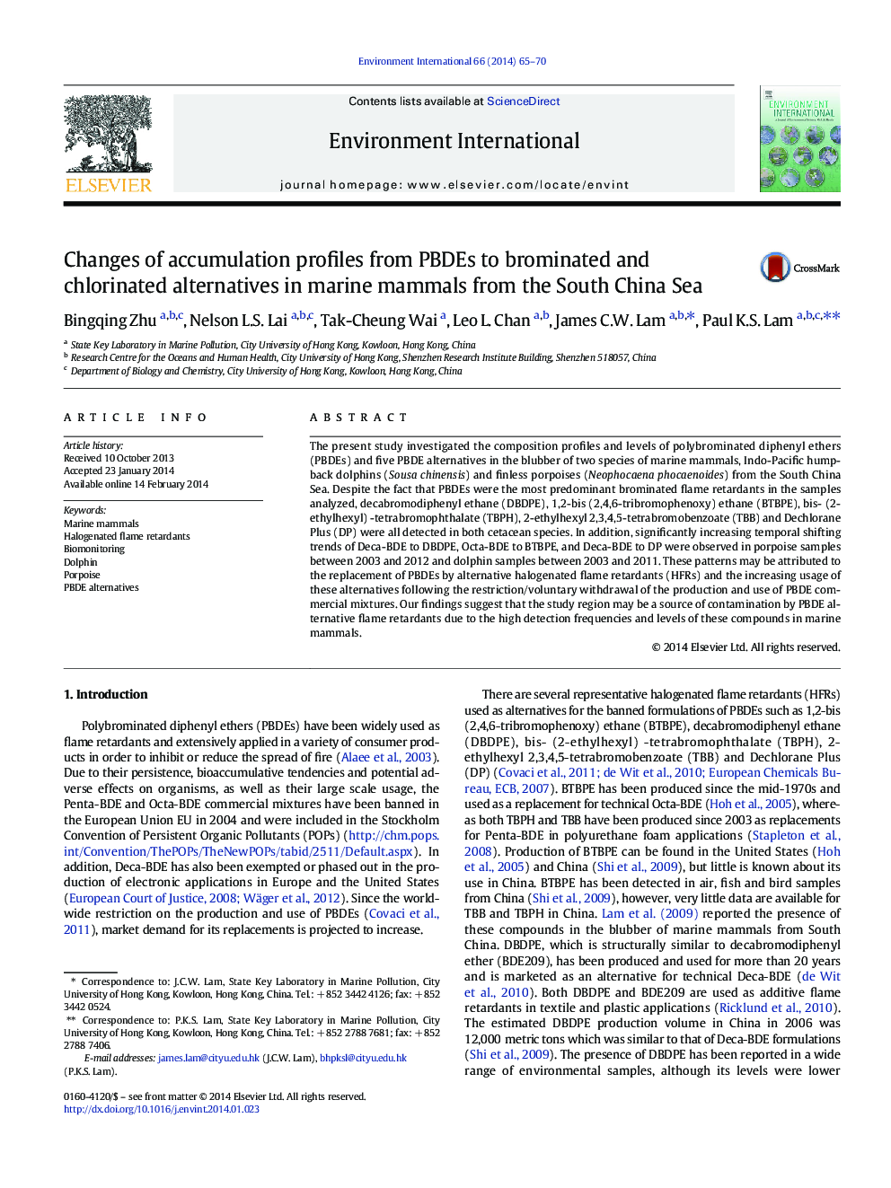 Changes of accumulation profiles from PBDEs to brominated and chlorinated alternatives in marine mammals from the South China Sea