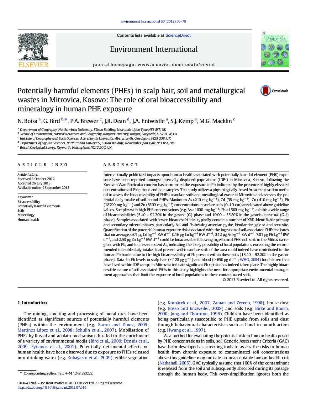 Potentially harmful elements (PHEs) in scalp hair, soil and metallurgical wastes in Mitrovica, Kosovo: The role of oral bioaccessibility and mineralogy in human PHE exposure