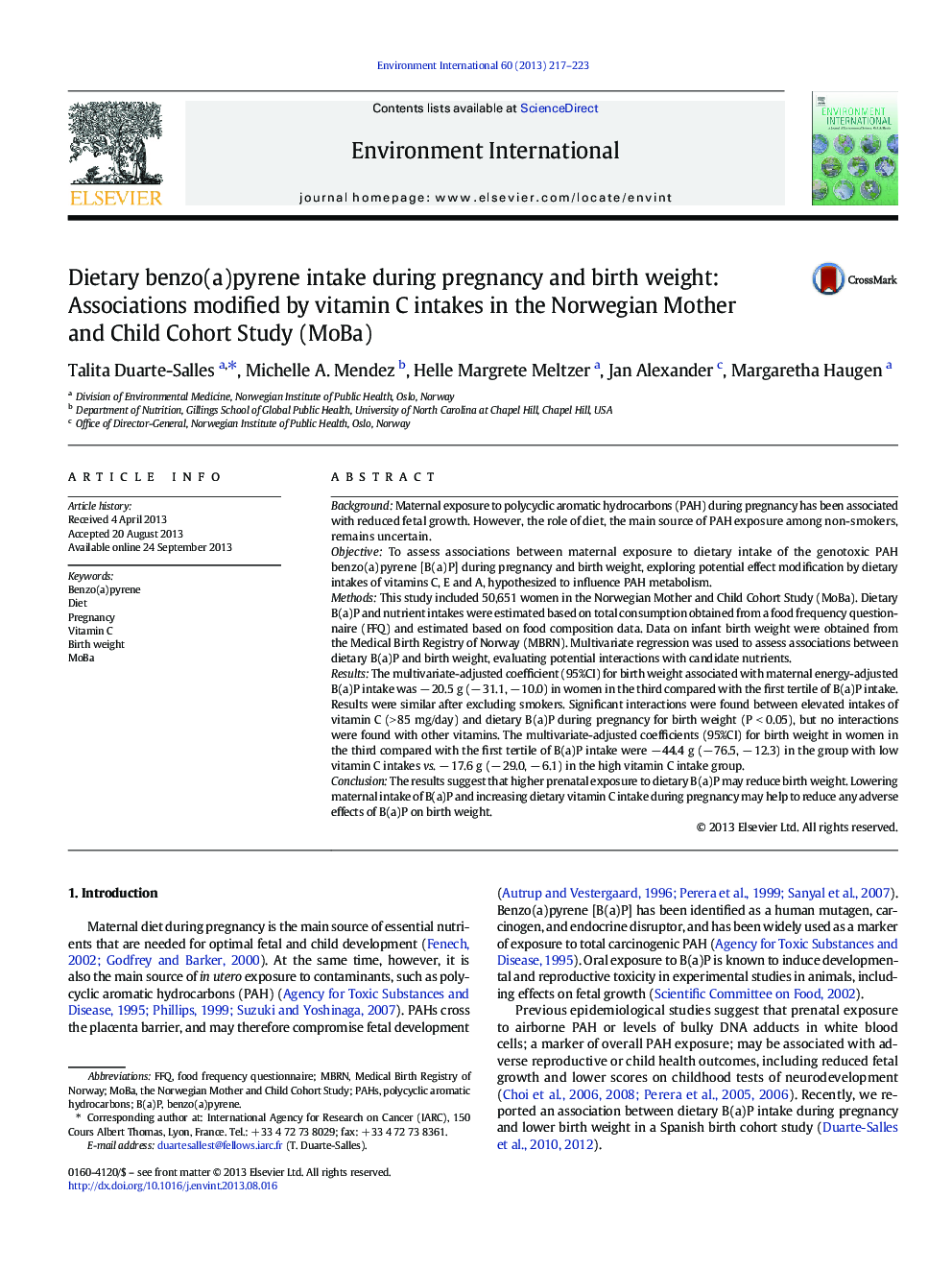 Dietary benzo(a)pyrene intake during pregnancy and birth weight: Associations modified by vitamin C intakes in the Norwegian Mother and Child Cohort Study (MoBa)